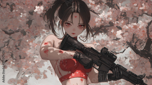 Wallpaper Mural A beautiful, young woman, holding a gun pointed at the camera, is set against a dreamy backdrop of pink flowers and plants.	 Torontodigital.ca