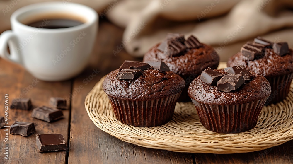 Several delicious chocolate muffins on straw plates and a cup of coffee closeup on a wooden table : Generative AI Several delicious chocolate muffins on straw plates and a cup of coffee closeup on a wooden table : Generative AI
