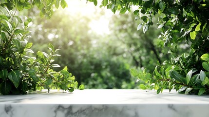 Empty white marble table top green leaves and gray backdrop scene with copy space for products presentation Empty modern minimal mock up for cosmetic skin care products advertising : Generative AI