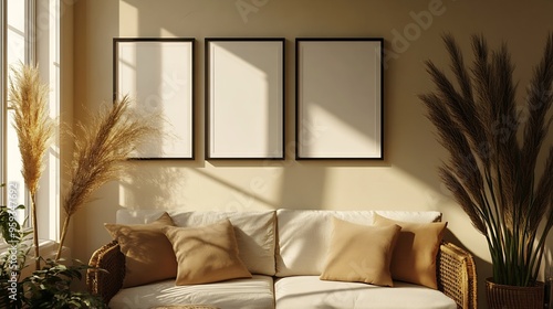 Artistic mockup template Black vertical picture frames on beige wall background in sunlight Poster display at home minimal Scandinavian design no people Elegant apartment concept Templ : Generative AI photo