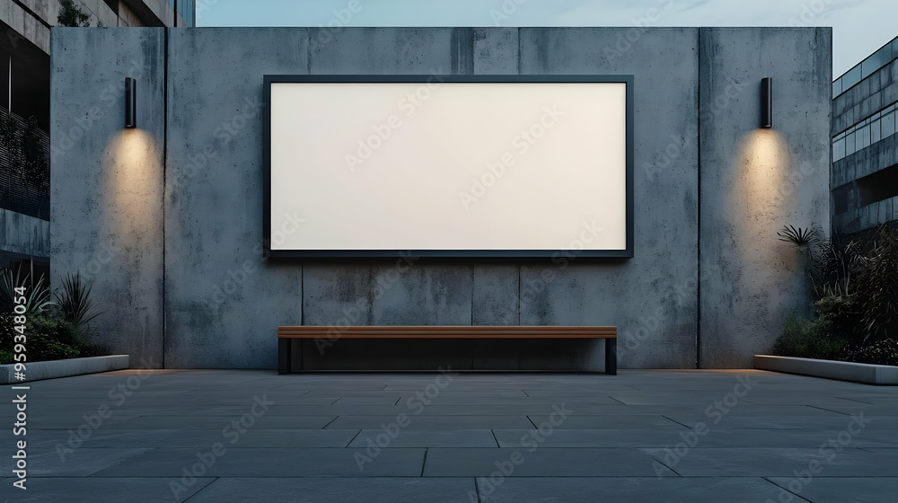 Empty billboard with a bench and lights in front of a concrete wall.