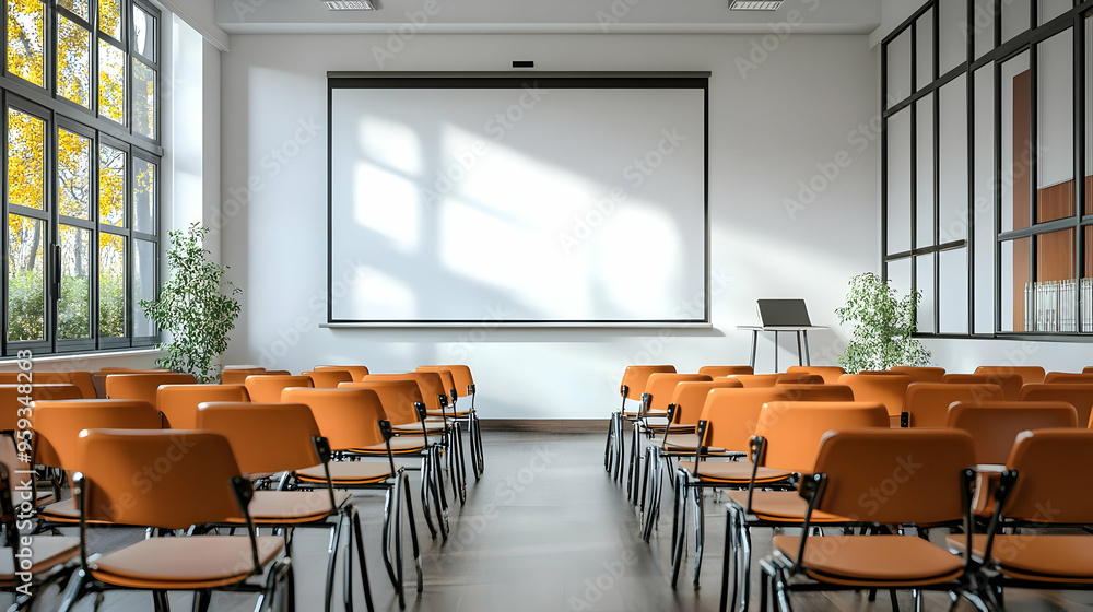 Empty conference room with an empty projector screen and rows of orange chairs, ready for a presentation or meeting. Empty conference room with an empty projector screen and rows of orange chairs, ready for a presentation or meeting.