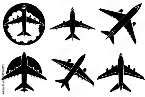 A set of a black airplane silhouette