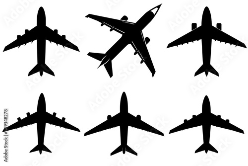 A set of a black airplane silhouette
