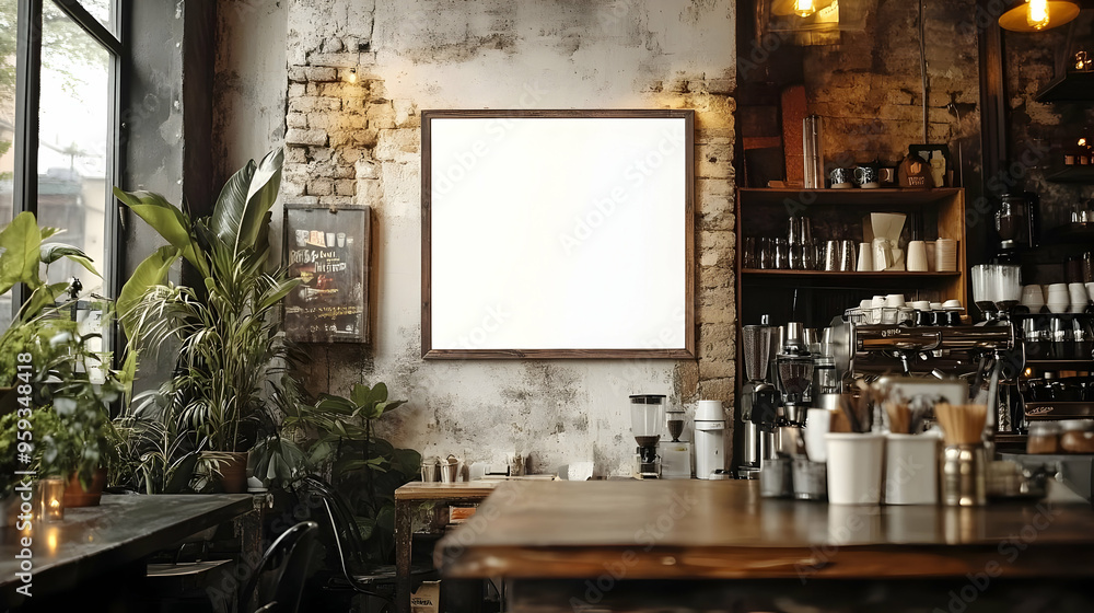 Empty frame on brick wall in rustic coffee shop interior with plants and coffee equipment. Empty frame on brick wall in rustic coffee shop interior with plants and coffee equipment.