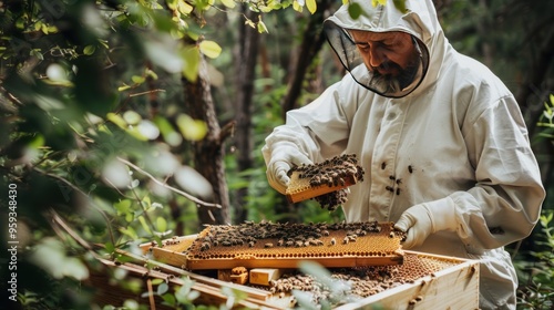 Beekeeper in protective suit inspecting honeycomb frame with bees. Concept of apiculture, honey production, and beekeeping.