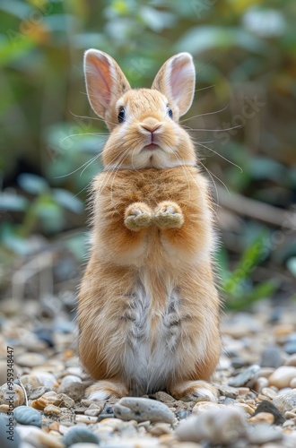 Cute bunny standing on its hind legs with a soft brown fur