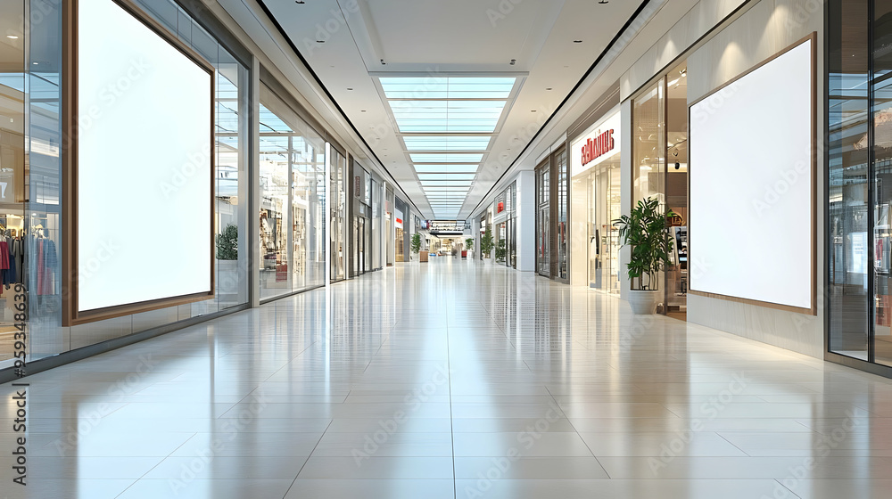 Empty mall hallway with large blank sign. Empty mall hallway with large blank sign.