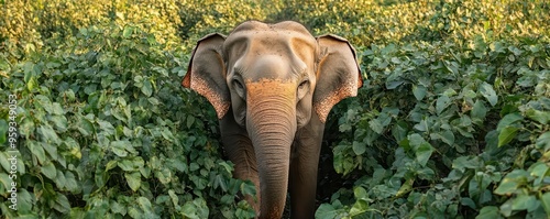 Elephant softly treading through jungle undergrowth, its steps light and careful, in tune with its environment photo