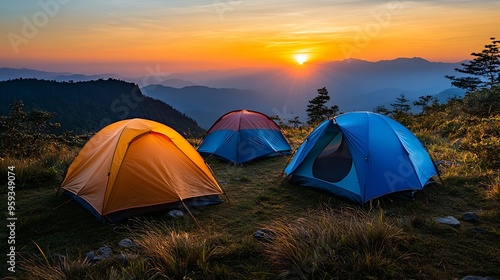 Group of adventurer tents during overnight camping site at the beautiful scenic sunset view point over layer of mountain for outdoor adventure vacation travel : Generative AI