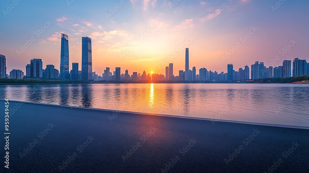Obraz premium Asphalt road and city skyline with modern building at sunset in Suzhou Jiangsu Province China High Angle view : Generative AI