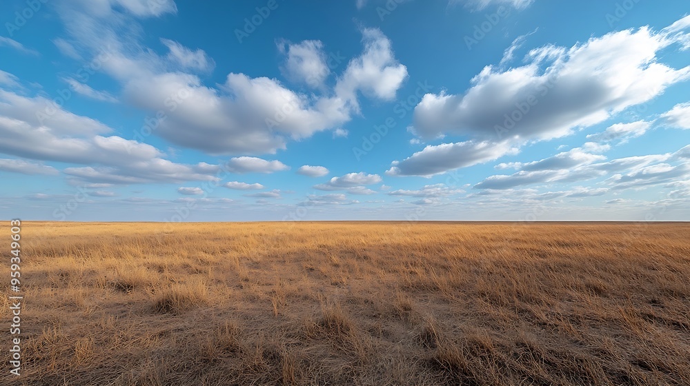 A field of brown dry grass stretches out under a blue cloudy sky Overgrow the dried reeds on a spring evening Cloudy weather landscape : Generative AI