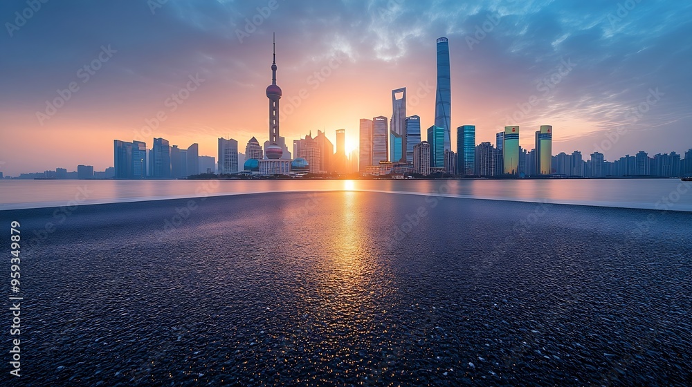 Fototapeta premium Asphalt road and city skyline with modern buildings in Shanghai at sunrise China Panoramic view : Generative AI
