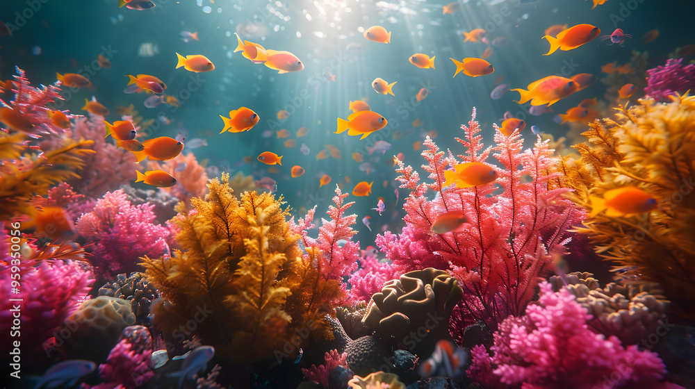 Obraz premium Colorful Coral Reef with Orange Fish Illustration
