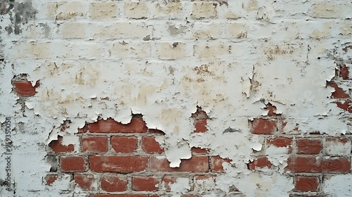 A brick wall with white paint peeling off The wall is red and brown in color The wall has a rough texture and he is old : Generative AI