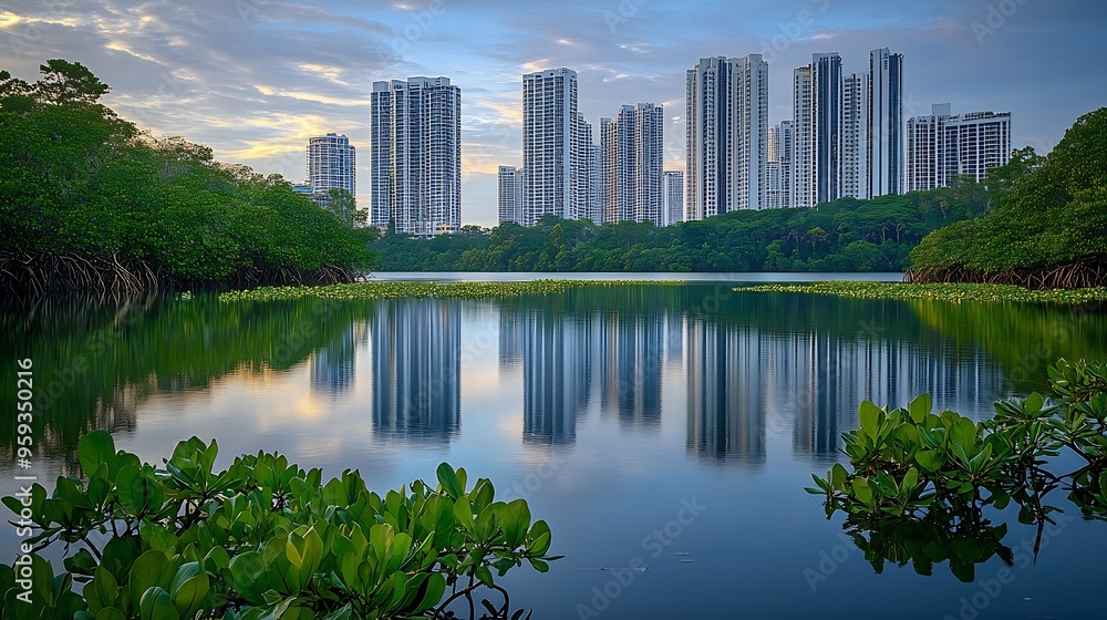 Fototapeta premium Mangrove Forest and pond in Sungei Buloh Wetland Reserve Singapore an important stopover point for migratory birdsThe background is the buildings of JOHOR BAHRU Malaysia : Generative AI
