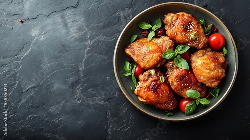 Fried chicken thighs in plate over dark stone background Top view flat lay : Generative AI