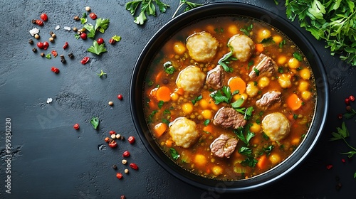 gungo peas pigeon peas soup with dumplings and beef in black bowl on concrete table with ingredients jamaican cuisine horizontal view from above flat lay : Generative AI photo