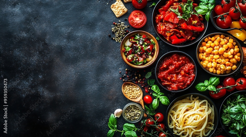 Fototapeta premium Italian food dishes on dark background Traditional italian cuisine concept Dishes and appetizers of indeed cuisine Mideterranean diet high in vitamin and antioxidants Top view panoram : Generative AI