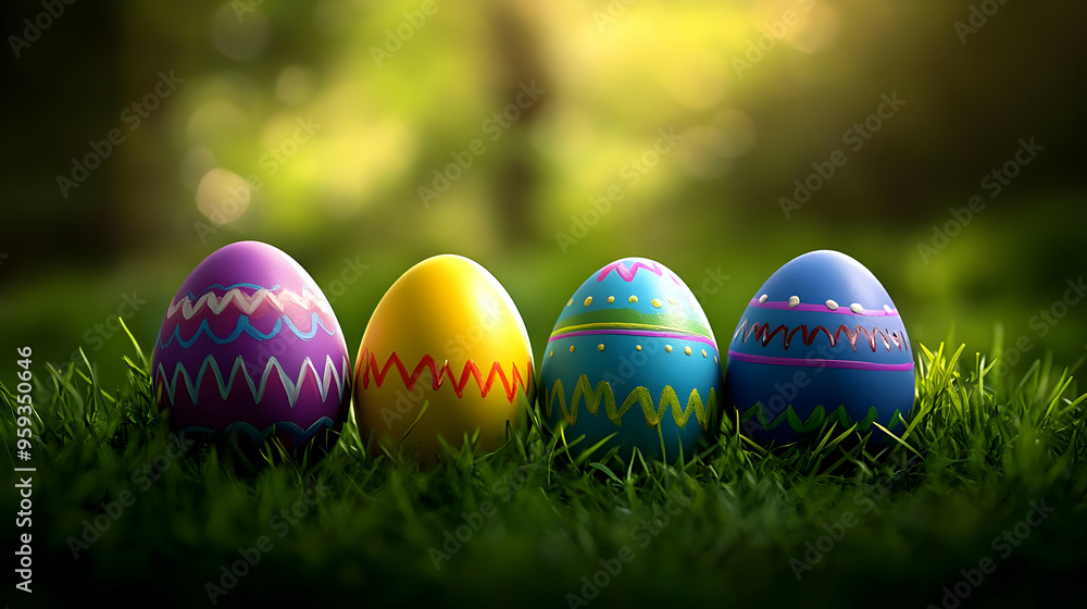 Four colorful Easter eggs in the grass with a blurred background. Four colorful Easter eggs in the grass with a blurred background.
