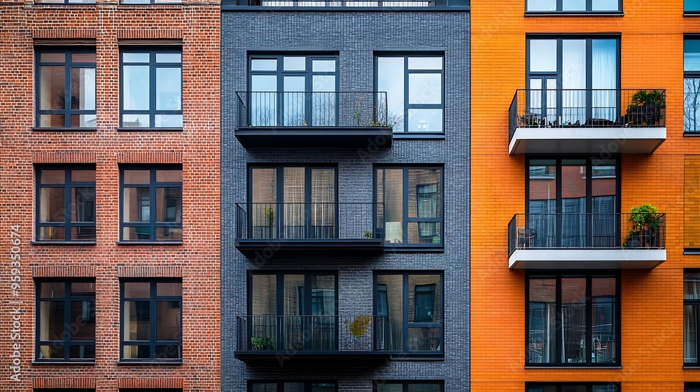 Three different buildings in the city center facade of an old brick abandoned house balconies of a modern apartment building tall glass office building : Generative AI Three different buildings in the city center facade of an old brick abandoned house balconies of a modern apartment building tall glass office building : Generative AI