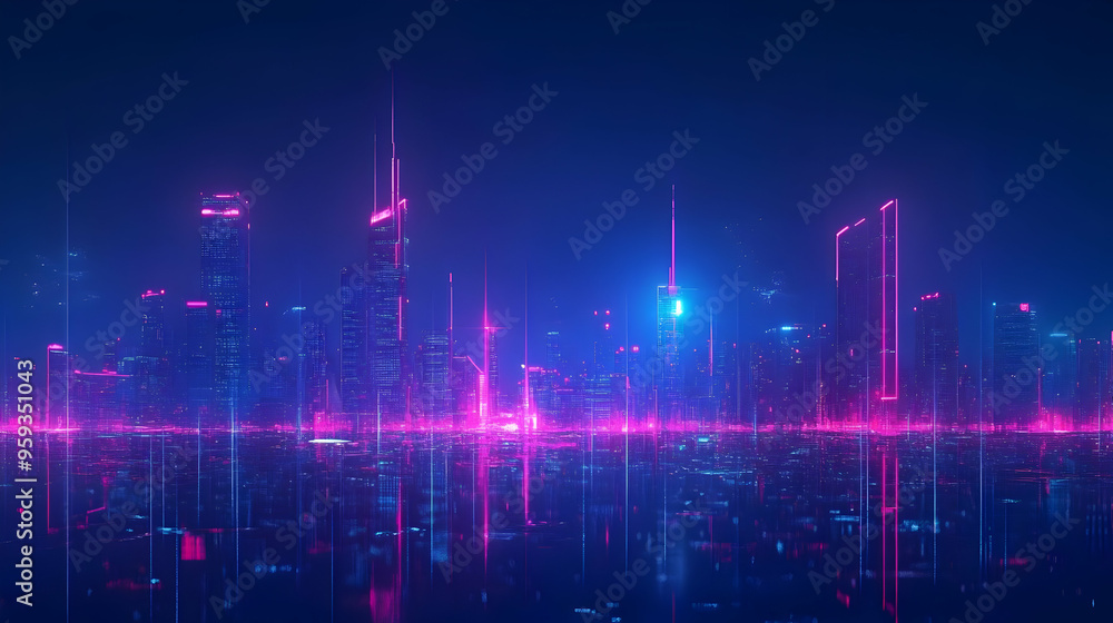 Futuristic city skyline with glowing neon lights reflected in water. Futuristic city skyline with glowing neon lights reflected in water.