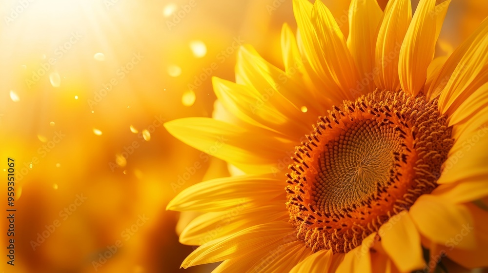 Fototapeta premium Close-up sunflower center, precise seed arrangement, vivid yellow palette, Symmetry focus, Photorealistic, Ultra-high resolution, Warm sunlight