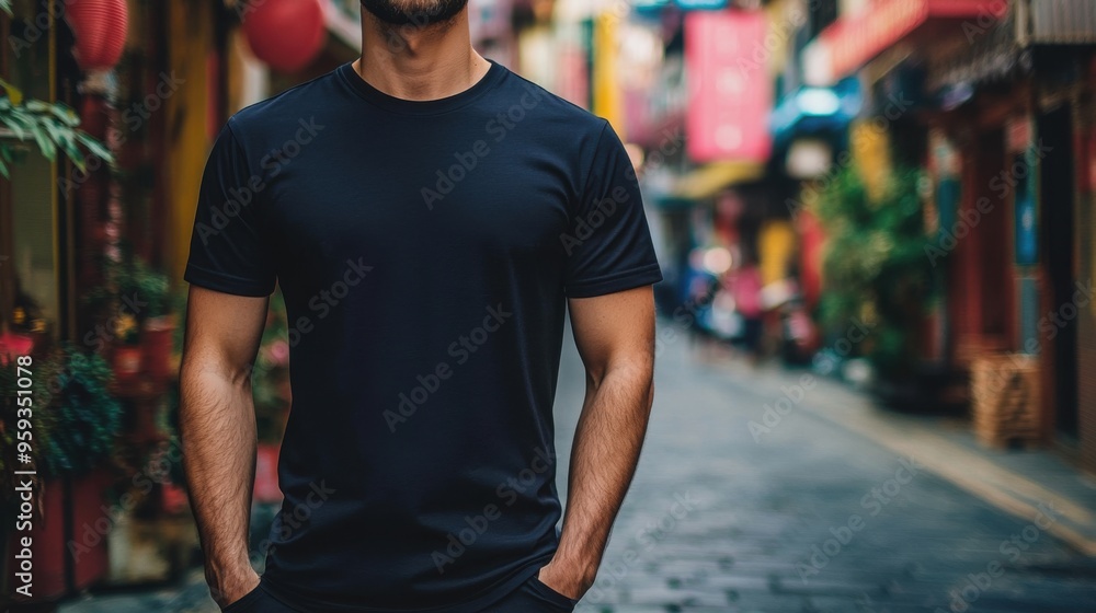 Young Man in Black T-Shirt Posing on Urban Street Young Man in Black T-Shirt Posing on Urban Street