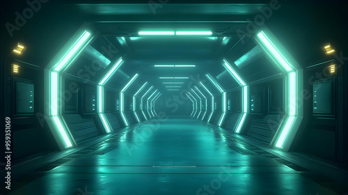 Futuristic corridor with glowing green lights.