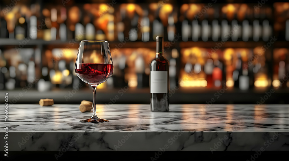 Glass of red wine on a marble counter with a bottle of wine and a blurred bar background. Glass of red wine on a marble counter with a bottle of wine and a blurred bar background.