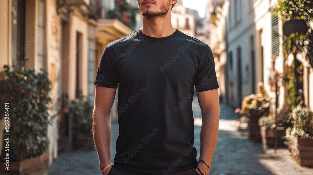 Fototapeta premium Young man in black t-shirt on urban street