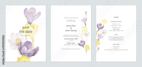 Wedding invitation template set, minimal colorful Crocus flowers on white background
