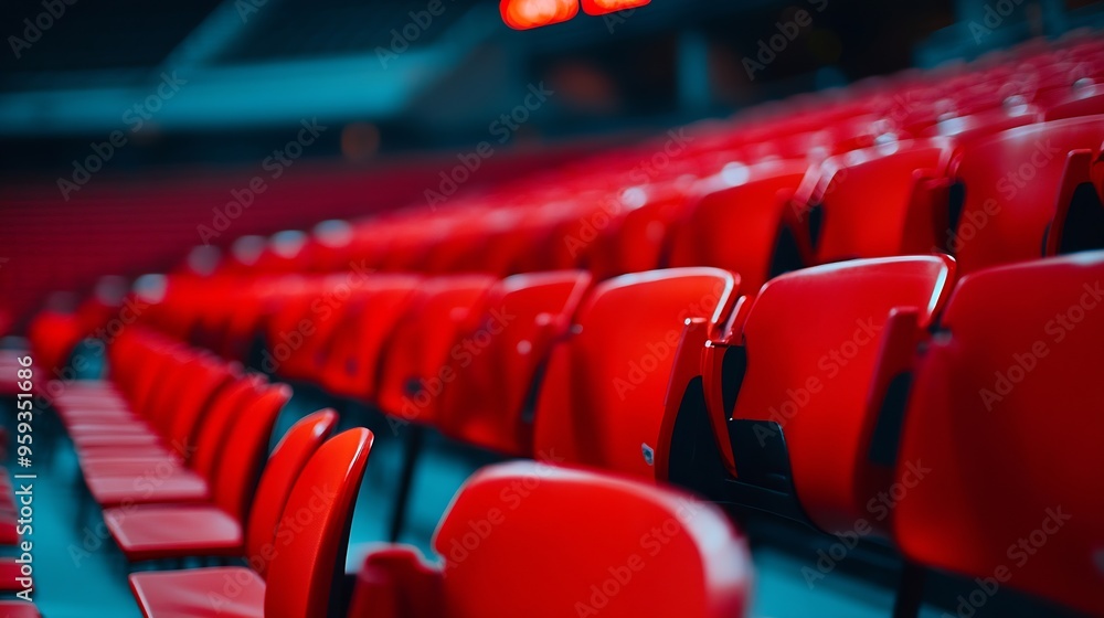 Fototapeta premium Empty seats in the stands of the arena or auditorium Rows of red and white stadium seats without spectators The concept of the abolition of sports and mass entertainment events : Generative AI