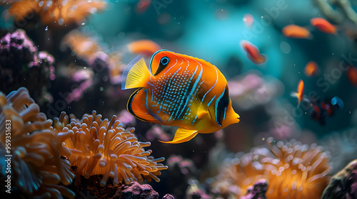 Vibrant Yellow and Blue Fish in a Coral Reef Illustration photo