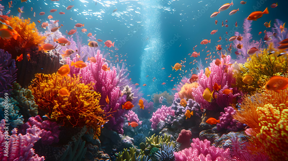 Naklejka premium Vibrant Coral Reef with Colorful Fish Underwater Illustration