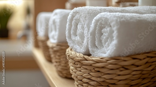 White bath towels rolled in woven jute basket on wooden shelf bathroom arrangement storage top view Stack of clean textile softness spa fluffy domestic laundry box storage cleanup fold : Generative AI