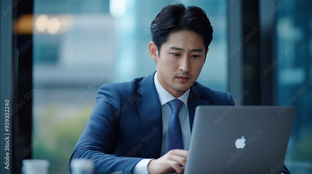 Young adult serious busy Asian business man manager wearing suit typing on laptop using computer working on digital project financial market data software management sitting at desk in : Generative AI Young adult serious busy Asian business man manager wearing suit typing on laptop using computer working on digital project financial market data software management sitting at desk in : Generative AI
