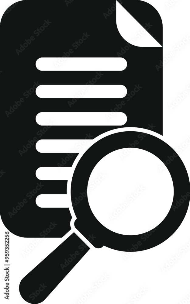 Simple vector icon of a magnifying glass examining a document, representing the concept of analyzing information Simple vector icon of a magnifying glass examining a document, representing the concept of analyzing information
