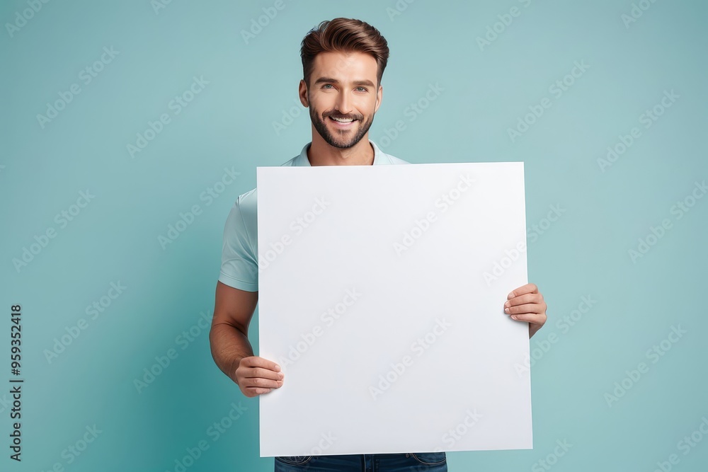 Happy young man holding a blank white sign, isolated on a blue background, perfect for adding your own text or message. Happy young man holding a blank white sign, isolated on a blue background, perfect for adding your own text or message.