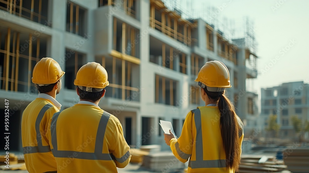 A team of construction engineers talks to managers and construction workers at the construction site Quality inspection work plan home and industrial building design project : Generative AI A team of construction engineers talks to managers and construction workers at the construction site Quality inspection work plan home and industrial building design project : Generative AI