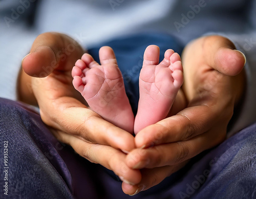 A close-up of tiny baby feet being gently held by adult hands, symbolizing love, care, and t photo