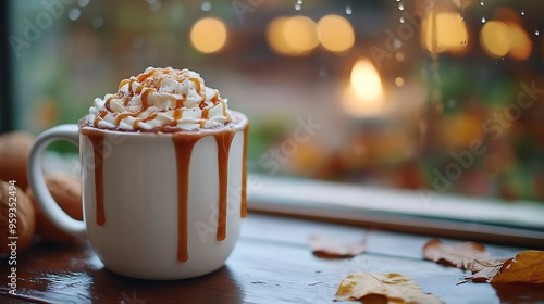 Hot cocoa drink with whipped cream and caramel in a white metal cup Caramel is dripping Autumn calm and cozy still life Lots of brown colour Candle burning Reflection in a window raini : Generative AI photo