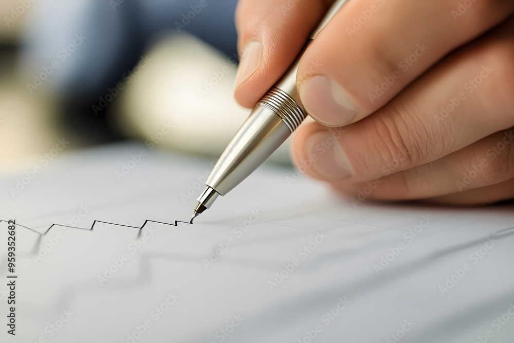 Hand Holding Pen Drawing on White Paper with a Black Line Graph Hand Holding Pen Drawing on White Paper with a Black Line Graph