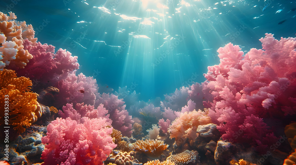 Underwater Coral Reef Scene with Sun Rays - Photo Underwater Coral Reef Scene with Sun Rays - Photo