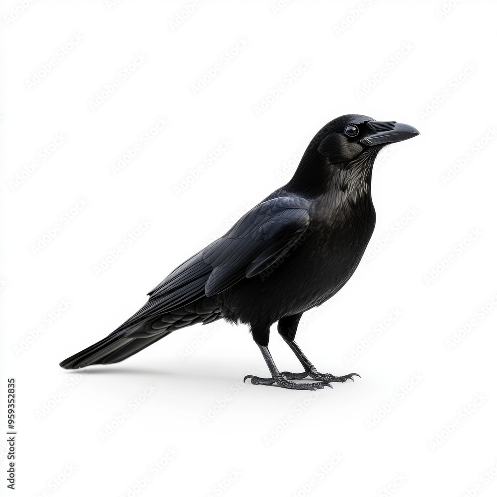 Fototapeta premium A detailed image of a black crow standing on a white background, showcasing its dark plumage and sharp beak.