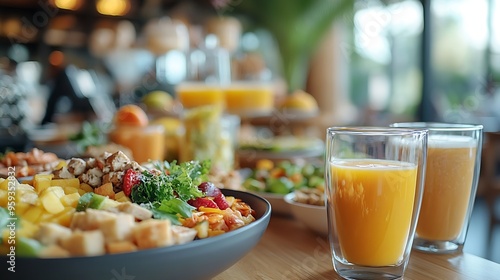 Wallpaper Mural Close up of buffet healthy breakfast beautifully served and decorated on wooden table in cafe Hotel setting delicious meal morning food Assortment of fresh juices fruits and vegan dish : Generative AI Torontodigital.ca