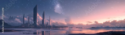 Highresolution image of a futuristic city on an alien planet with sleek, streamlined buildings and a soft, starry background
