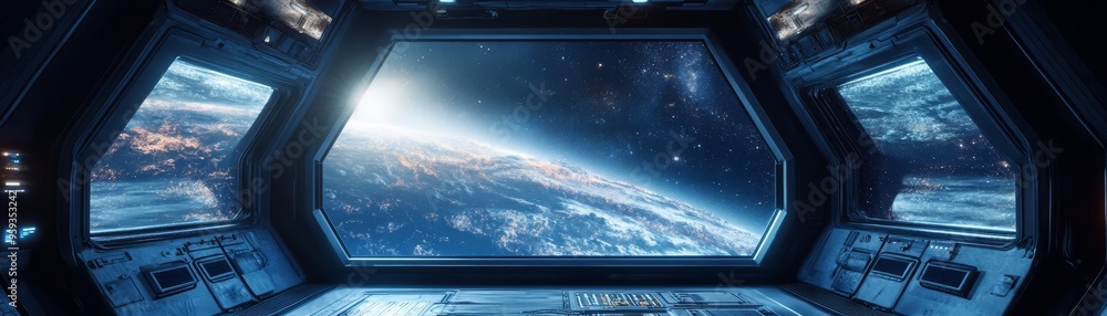 Obraz premium Photo of a futuristic space habitat with large windows providing a peaceful view of a distant, serene galaxy