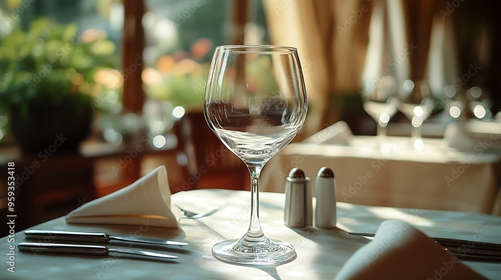 The transparent glass stands on a table against the backdrop of a restaurant Cloth napkins Elegant style : Generative AI The transparent glass stands on a table against the backdrop of a restaurant Cloth napkins Elegant style : Generative AI