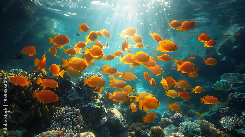 Naklejka premium School of Orange Fish Swimming in a Coral Reef Realistic Image